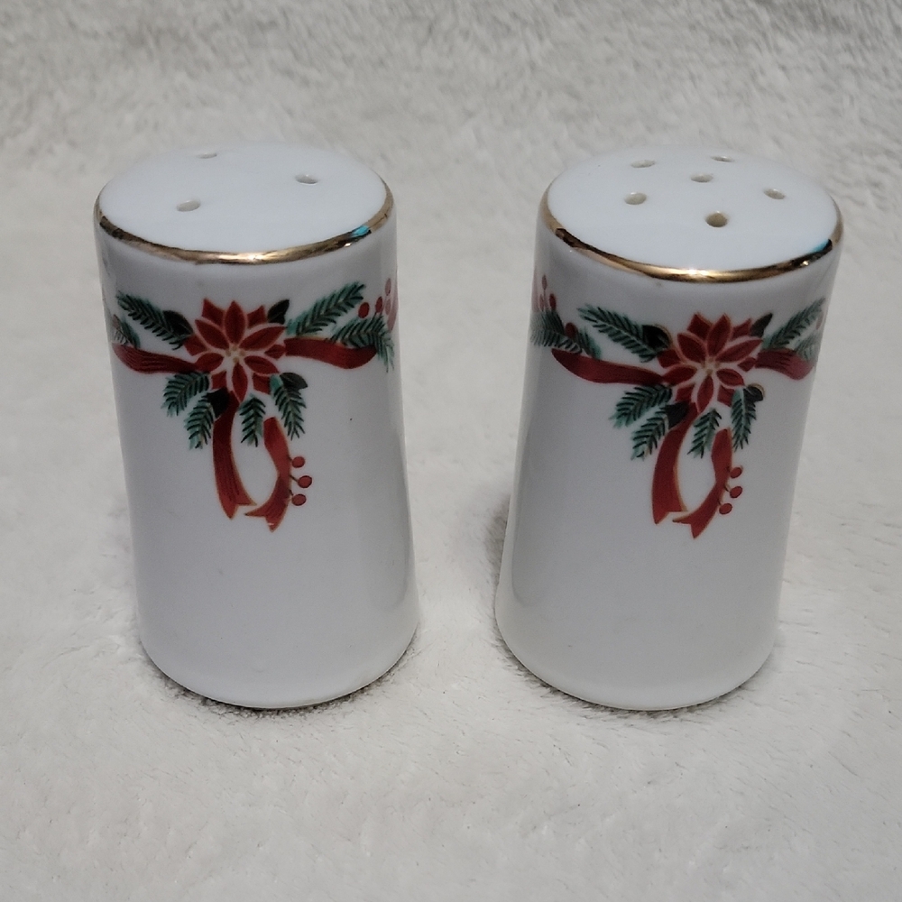 Vintage Poinsettia and Ribbons Fine China Salt & Pepper Set